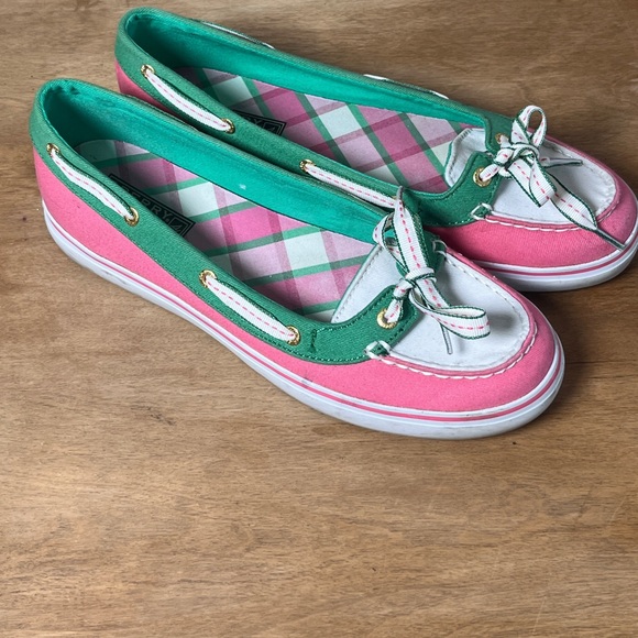 Sperry Shoes - Sperry Top-Sider Bahama Boat Shoes Pink Green Canvas Womens 8M